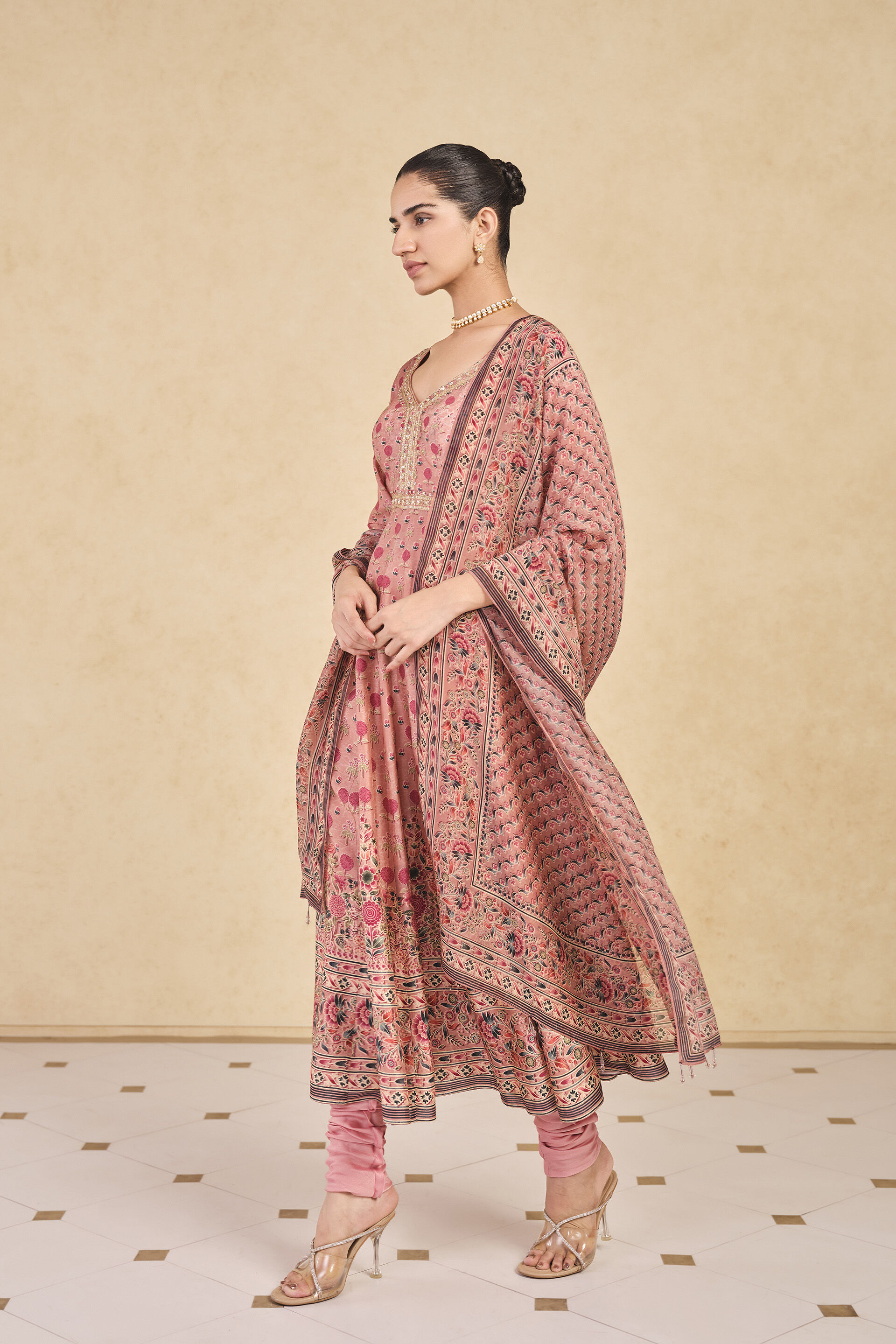 Celosia Printed Silk Anarkali Suit Set - Pink, Pink, image 3
